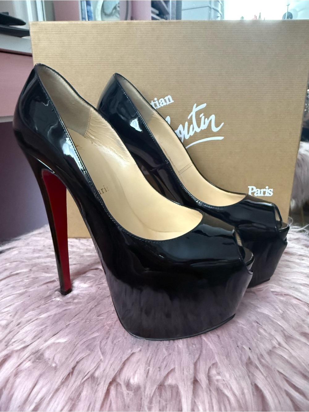 Christian Louboutin Black Patent Peep-Toe Platform Pumps with Red Soles